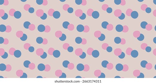 Vector polka dots, confetti seamless pattern design. Pink and blue splash dots background.