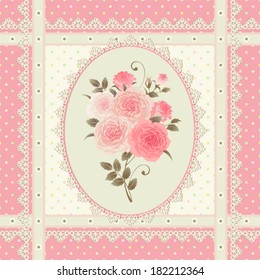 Vector polka dots lacy pattern with roses. Seamless floral background.