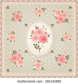 Vector polka dots lacy pattern with bouquets of roses. Seamless floral pattern.