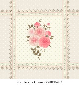 Vector polka dots pattern with bouquet of roses and laces. Seamless floral background.