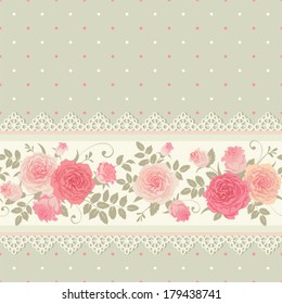 Vector polka dots pattern with climbing roses. Seamless floral background. Horizontal border.