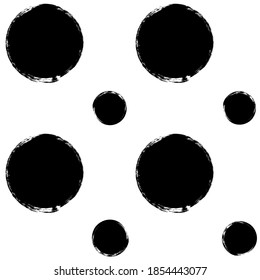 Vector polka dots seamless pattern, hand drawn black watercolor stains. Ink doted background, isolated on white.