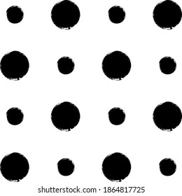 Vector polka dots seamless pattern, hand drawn black watercolor stains. Ink doted background, isolated on white.