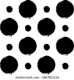 Vector polka dots seamless pattern, hand drawn black watercolor stains. Ink doted background, isolated on white.