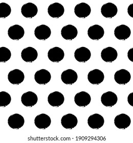 Vector polka dots seamless pattern, hand drawn black watercolor stains. Ink doted background, isolated on white.