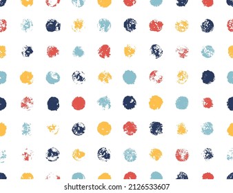 Vector Polka Dots Seamless Pattern. Grunge Paint Circle Shapes Textures Abstract Colorful Background. Multicolor Round spots with rough edges. Stamp Ink blots. Hand painted stains.