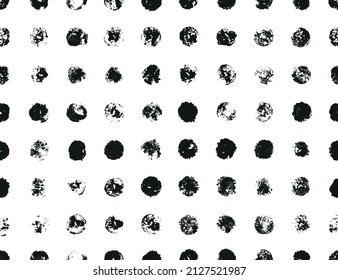 Vector Polka Dots Seamless Pattern. Grunge Paint Circle Shapes Textures Abstract Black and White Background. Multicolor Round spots with rough edges. Stamp Ink blots. Hand painted stains.