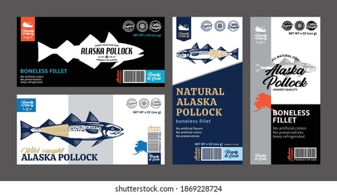 Vector pollock labels and packaging design concepts. Alaska pollock fish illustrations. Flat style seafood labels for groceries, fisheries, packaging, and advertising