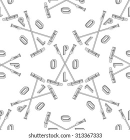 Vector polo seamless pattern. Pattern with polo element on isolated background. Polo seamless backdrop. Polo stick logo pattern. Equestrian sport background with calligraphy