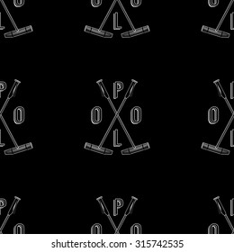 Vector polo seamless pattern. Pattern with polo element on chalkboard background. Polo seamless backdrop. Polo stick logo pattern. Equestrian sport background with calligraphy