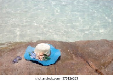 vector polygon  , beautiful blue hat and sunglasses on the stone with see view in sunny day