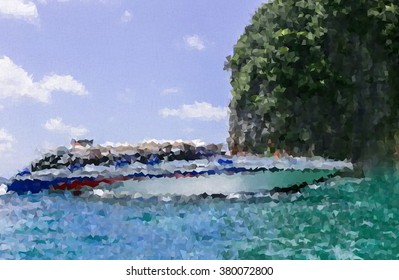 vector polygon , boat in sea and mountain view at Phi-Phi island Thailand 