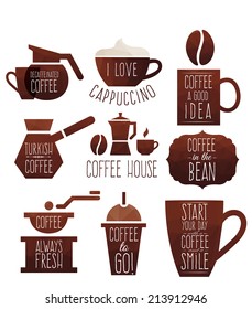 Vector polygon coffee elements, icons, sign and symbol. Use for the menu, in the coffee shop, in the bar, the card or stickers. Easy to edit. 