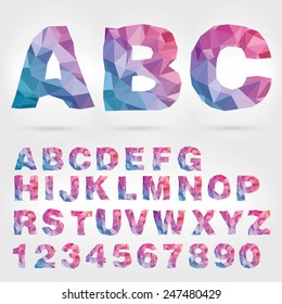  Vector polygon colorful alphabet with letters and numbers.
