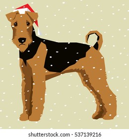 Vector polygon dog collection. Airedale Terrier dog in Christmas Santa hat. 