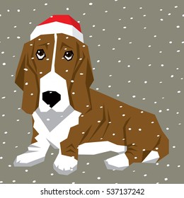 Colección de perros de polígonos vectores. Perro hebilla de Basset en sombrero de Papá Noel. 