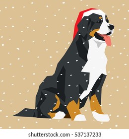 Vector polygon dog collection. Bernese mountain dog in Christmas Santa hat. 