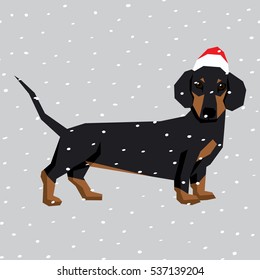 Vector polygon dog collection. Dachshund dog in Christmas Santa hat. 