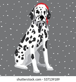 Vector polygon dog collection. Dalmatian dog in Christmas Santa hat.  