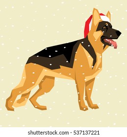 Vector polygon dog collection. German Shepherd dog in Christmas Santa hat. 