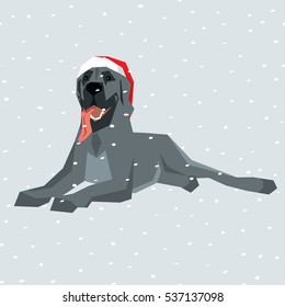 Vector polygon dog collection. Great Dane dog in Christmas Santa hat. 