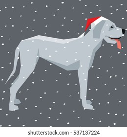 Vector polygon dog collection. Great Dane dog in Christmas Santa hat. 