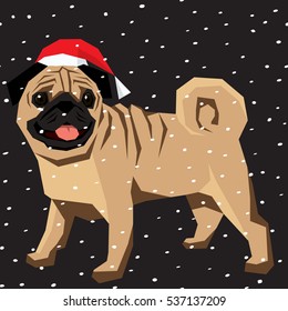 Vector polygon dog collection. Pug dog in Christmas Santa hat.  