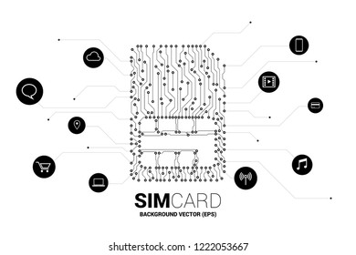 Vector Polygon dot connect line shaped sim card icon circuit board style with functional icon. Concept for mobile sim card technology  and network.