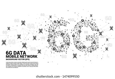 Vector Polygon dot connect line shaped 6G mobile network with antenna tower icon. Concept for telecom technology.