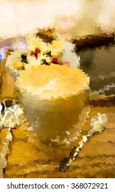 vector polygon , hot cappuccino coffee on wooden table