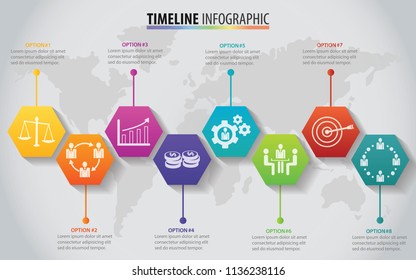 Vector polygon infographic Timeline design template with options. Business concept with 7 options. Template for cycle diagram, graph, presentation and round chart 3D paper label. 