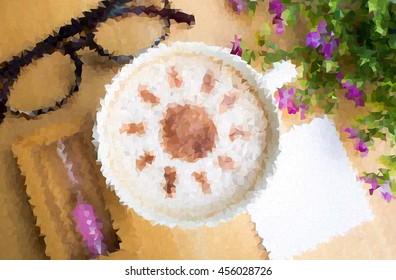 vector polygon , latte art coffee in sun design with paper note and sand glass on wooden table