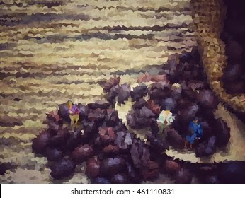 vector polygon , miniature people stand on coffee bean and old wooden background
