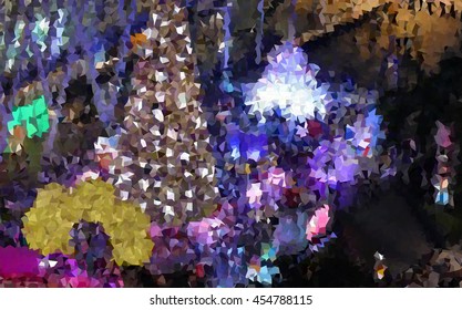 vector polygon , night lights of city with Christmas tree in Bangkok Center square , Thailand