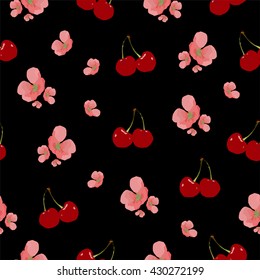 Vector polygon pattern with cherry and sakura on the black background, seamless floral background, perfect illustration for cover, card, wall paper and interior design, pink flowers and red cherries