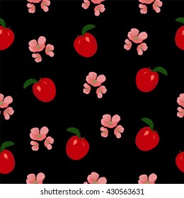 Vector polygon pattern with cherry and sakura on the black background, seamless floral background, perfect illustration for cover, card, wall paper and interior design, pink flowers and red cherry
