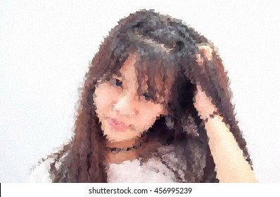 vector polygon , portrait of young Asian woman scratching head, thinking daydreaming deeply about something, looking up, isolated on white background. Human facial expressions, emotions, feelings 