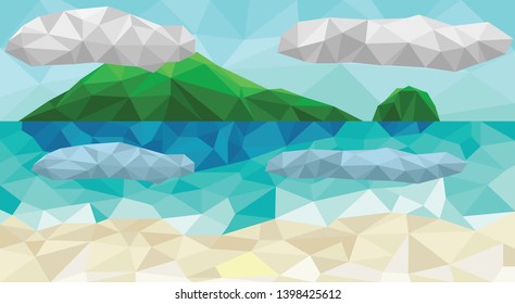 Vector Polygon of the scenery of the summer atmosphere along the beach, the sea with islands and lumps reflecting on the water surface.
