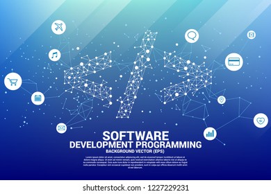 Vector Polygon software development programming tag  with dot connect line and functional utility icon. Concept for Programming language technology and coding.