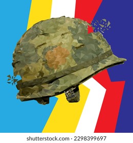 vector polygon A US military helmet brocken pattern camouflage cover with background Ukrainian and Russian in the colors of national flags
