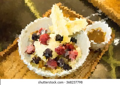 vector polygon , vanilla ice-cream and berry in white plate 