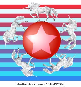 Vector polygon white unicorn on a red balloon with a star with a striped background.