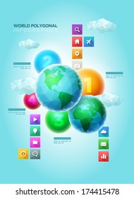Esferas del mundo del polígono vectorial con esferas coloridas e iconos de sombra larga.