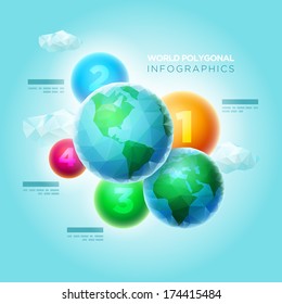 Vector polygon world spheres with colorful spheres. 