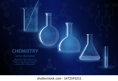 Vector polygonal 3d concept illustration, chemical glassware, on a deep blue background, a symbol of the science of chemistry, experiments and discoveries in this science.