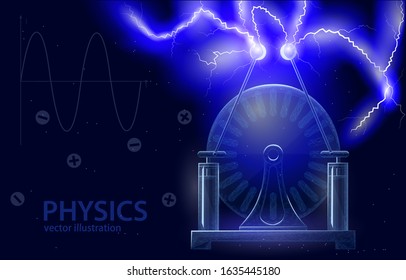 Vector polygonal 3d illustration concept of a generator with a discharge of electricity, on a dark blue background, a symbol of the science of physics, experiments. And discovery