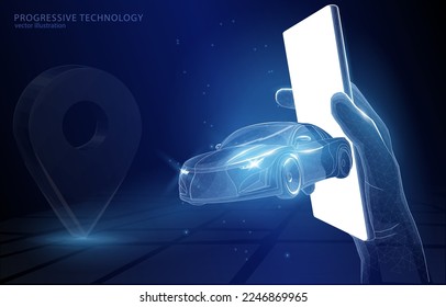 Vektor polygonal 3d Illustration Konzept eine Hand hält ein Smartphone, von dem ein Auto entlang der vorgesehenen Route, ein Symbol der Online-Karte Technologie, Navigation, Logistik, Reise.