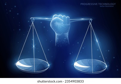 Vector polygonal 3d illustration concept a hand holds a scale on a dark blue background, a symbol of balance, justice, protection, law.