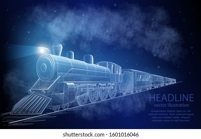 Vector polygonal 3d illustration of a vintage train concept on dark blue background with stars. A symbol of logistics, travel, transport infrastructure development, and progress.