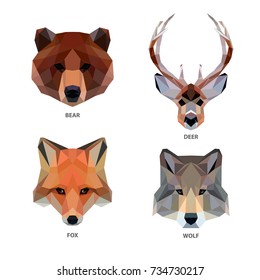 Vector polygonal animals set isolated on white. Low poly predators illustration. Color vector simple image.